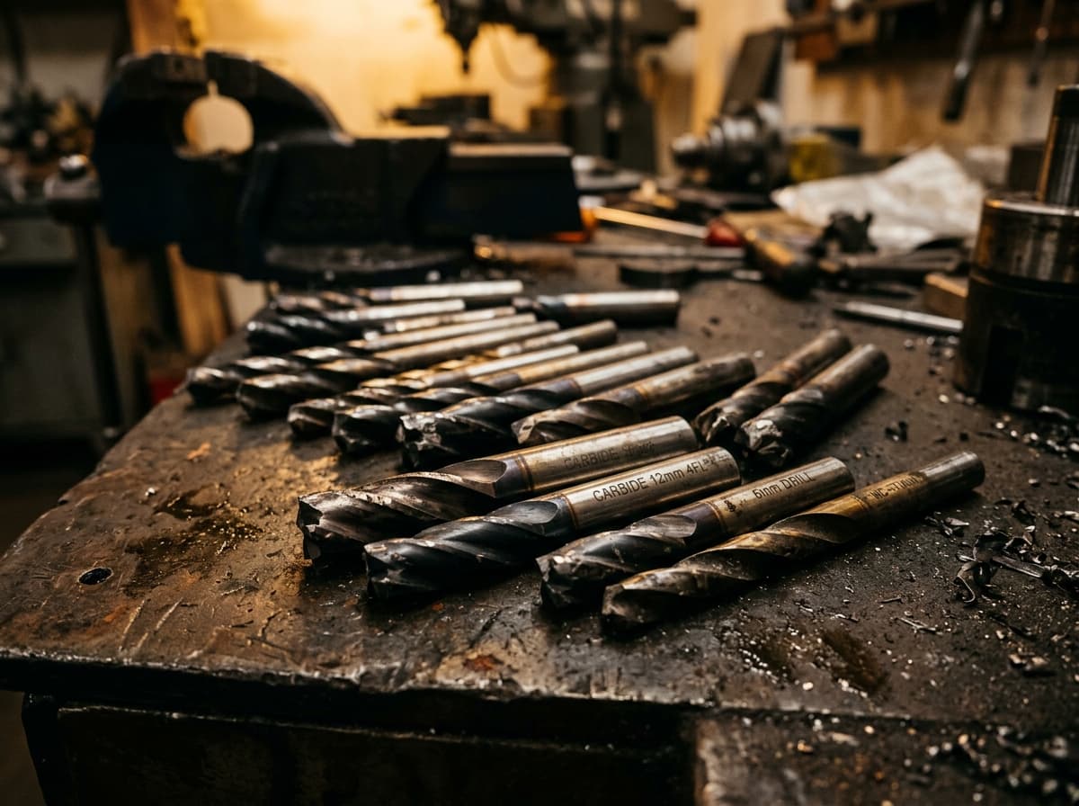 Scrap carbide end mills and drill bits on a workbench